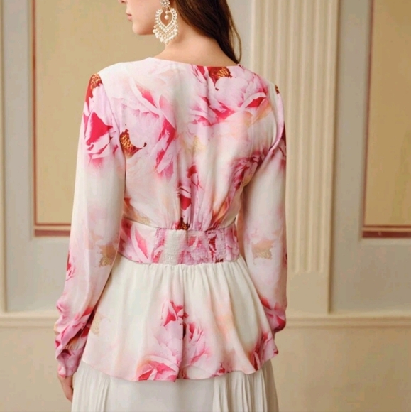 FLORAL PRINT V-NECK LANTERN SLEEVE PEPLUM TOP WITHOUT BELT - Picture 3 of 5